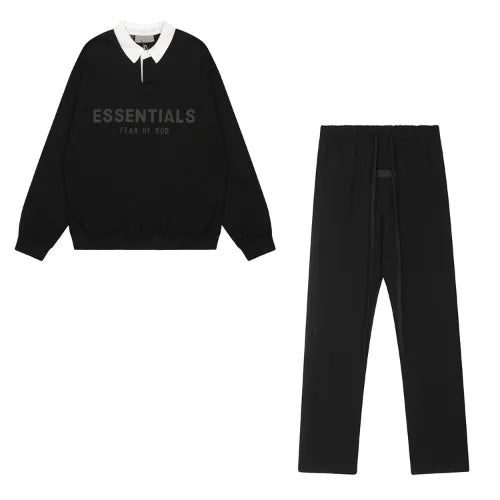 Essentials Waffle Henley Rugby Black Tracksuit